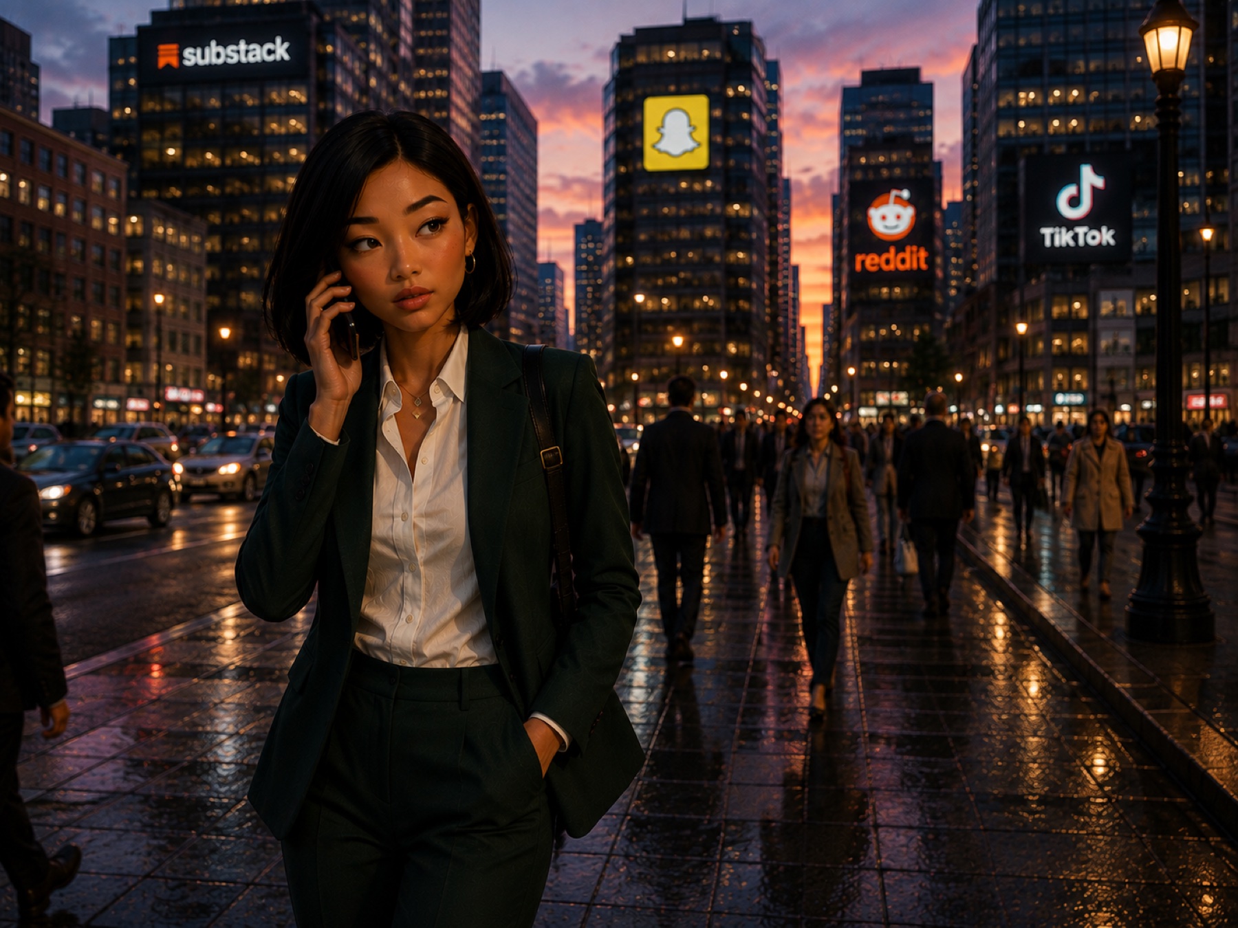 Vera walking through a city of media billboards — Substack, Reddit, TikTok